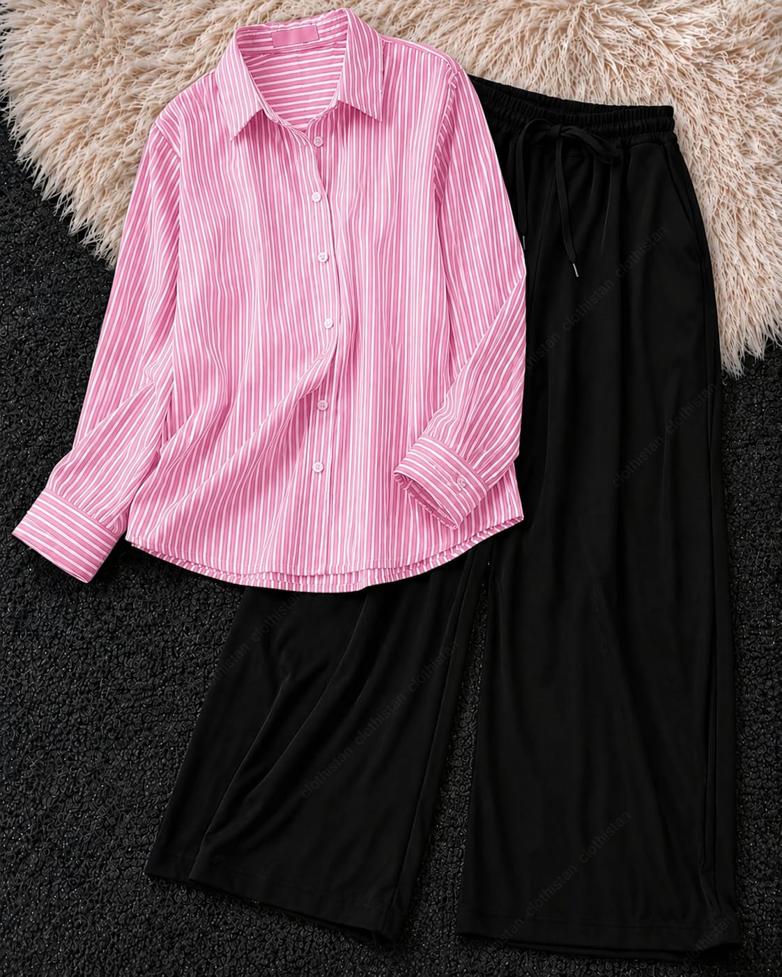 Stripes Button-Down Shirt & Black Wide-Leg Trouser Pack of Two
