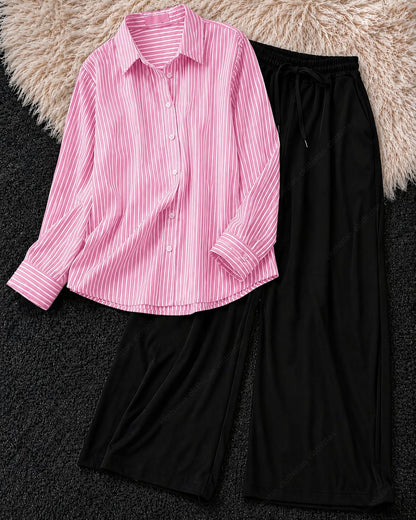 Stripes Button-Down Shirt & Black Wide-Leg Trouser Pack of Two