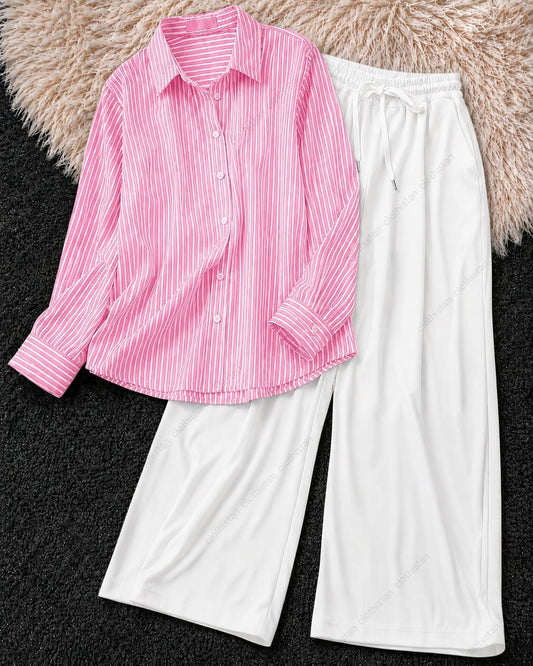 Stripes Button-Down Shirt & White Wide-Leg Trouser Pack of Two
