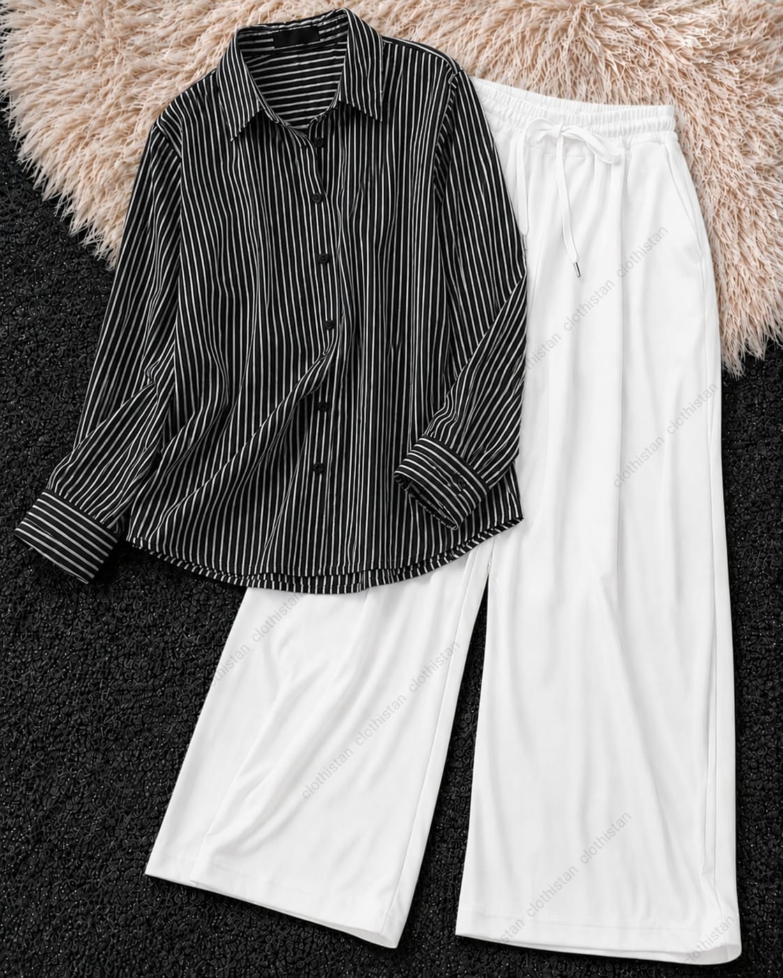 Stripes Button-Down Shirt & White Wide-Leg Trouser Pack of Two