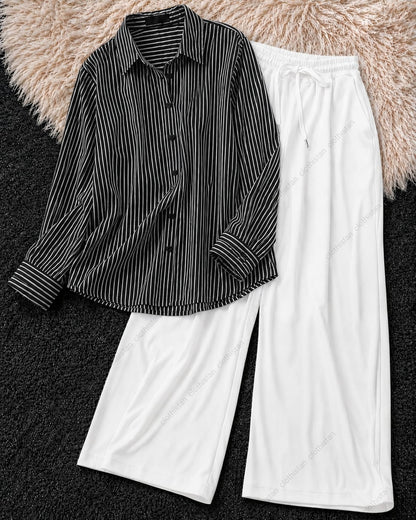 Stripes Button-Down Shirt & White Wide-Leg Trouser Pack of Two