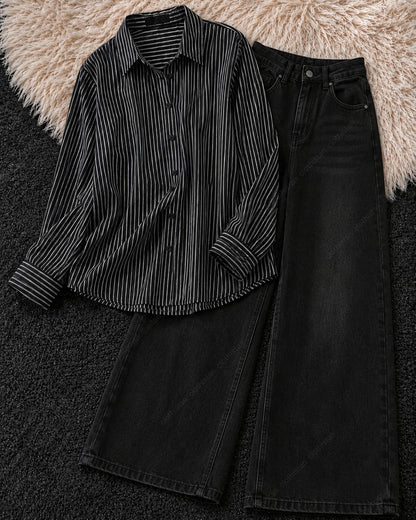 Stripes Button-Down Shirt & Black Wide-Leg Vintage Jeans Pack of Two