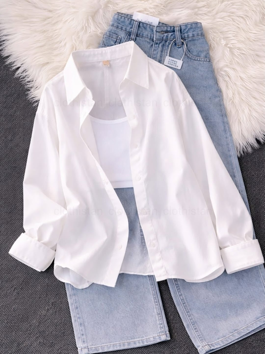 Button-Down Shirt, White Rib-Knitted Tank Top & Sky blue Wide-Leg Jeans Pack of Three