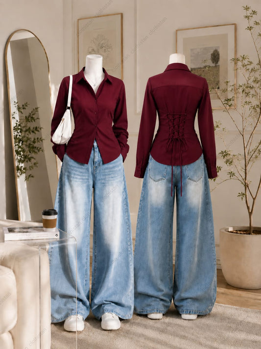 Corset Fitted Button-Down Shirt & Vintage Sky Blue Wide-Leg Jeans Pack of Two