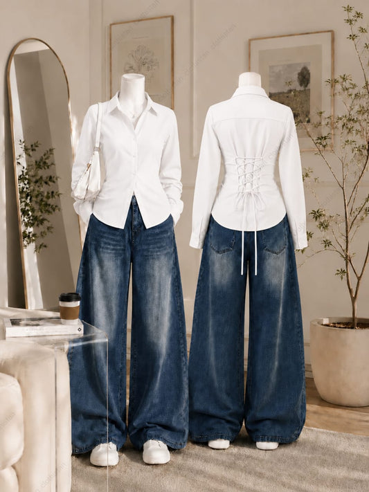 Corset Fitted Button-Down Shirt & Vintage Mid Blue Wide-Leg Jeans Pack of Two