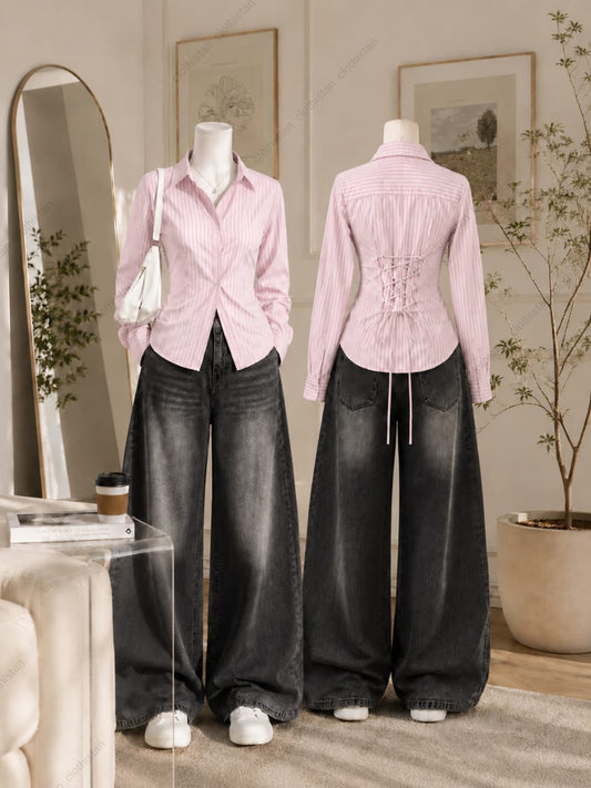 Corset Fitted Stripes Button-Down Shirt & Vintage Black Wide-Leg Jeans Pack of Two