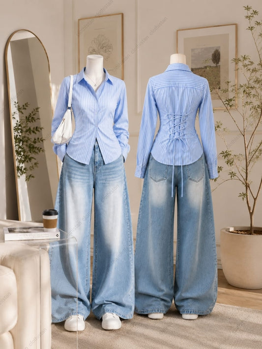 Corset Fitted Stripes Button-Down Shirt & Vintage Sky blue Wide-Leg Jeans Pack of Two