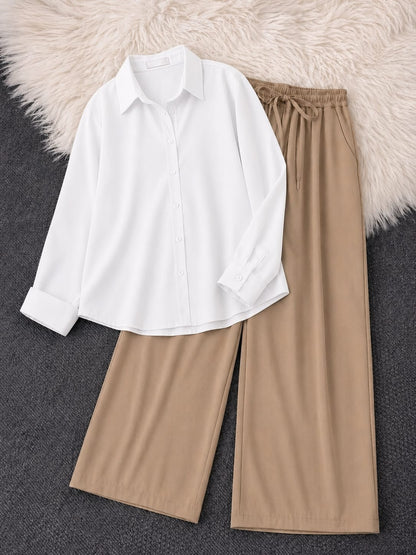 Button-Down Shirt & Beige Wide-Leg Trouser Pack of Two