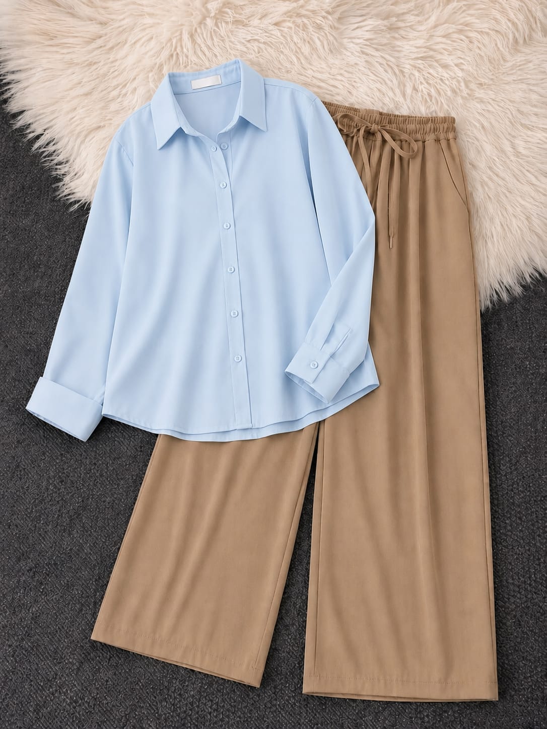 Button-Down Shirt & Beige Wide-Leg Trouser Pack of Two
