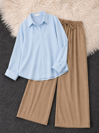 Button-Down Shirt & Beige Wide-Leg Trouser Pack of Two
