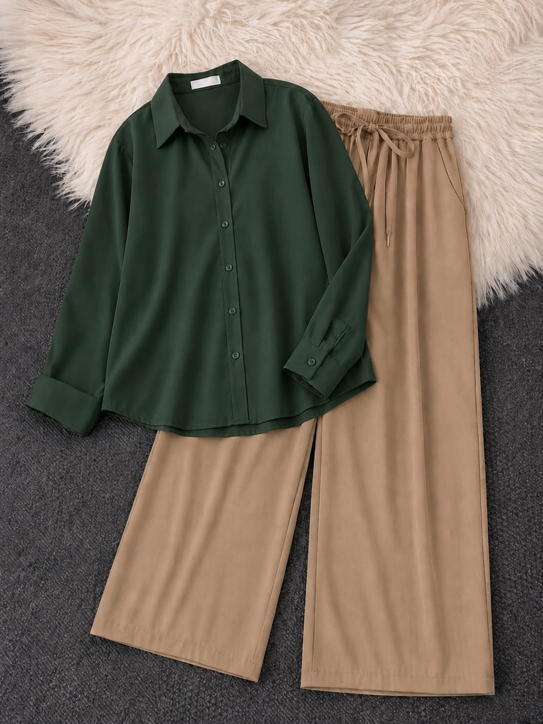Button-Down Shirt & Beige Wide-Leg Trouser Pack of Two