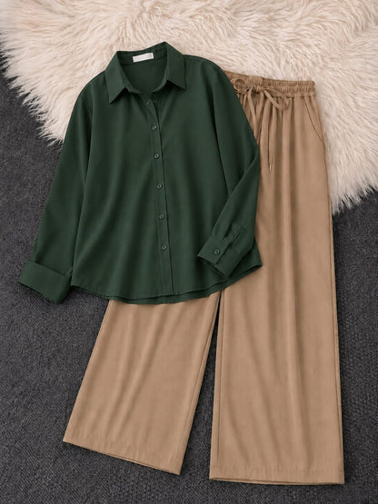 Button-Down Shirt & Beige Wide-Leg Trouser Pack of Two