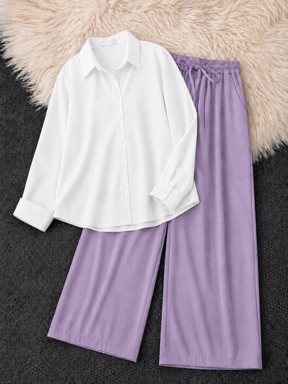 Button-Down Shirt & Lilac Wide-Leg Trouser Pack of Two