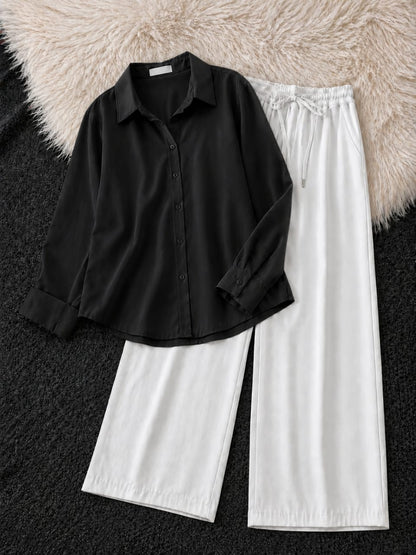 Button-Down Shirt & White Wide-Leg Trouser Pack of Two