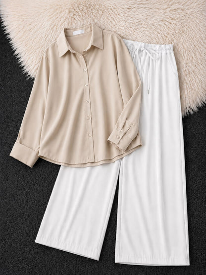 Button-Down Shirt & White Wide-Leg Trouser Pack of Two
