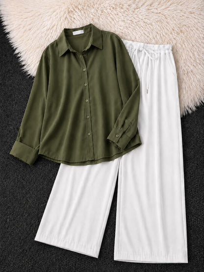 Button-Down Shirt & White Wide-Leg Trouser Pack of Two
