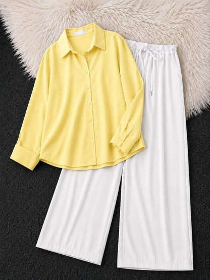 Button-Down Shirt & White Wide-Leg Trouser Pack of Two