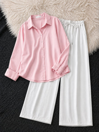 Button-Down Shirt & White Wide-Leg Trouser Pack of Two