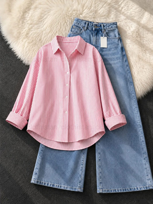 Stripes Button-Down Shirt & sky blue Wide-Leg Jeans Pack of Two