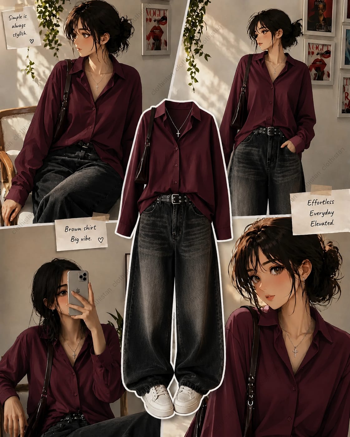 Button-Down Shirt & Black Wide-Leg Vintage Jeans Pack of Two