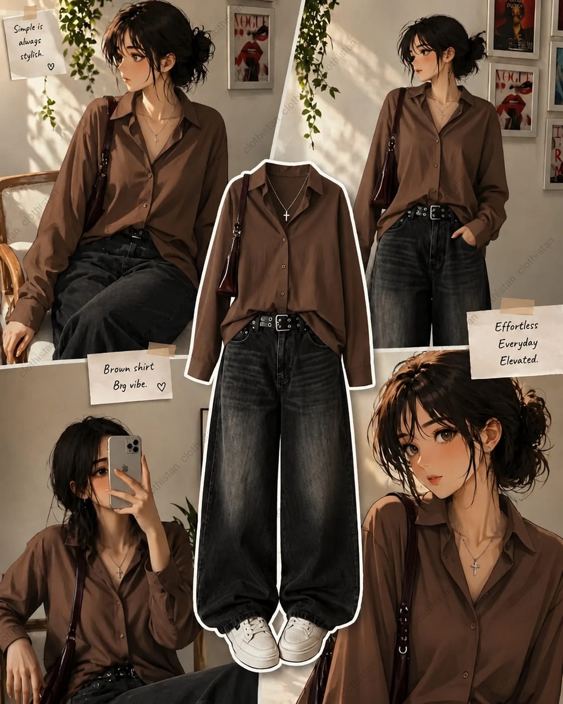 Button-Down Shirt & Black Wide-Leg Vintage Jeans Pack of Two