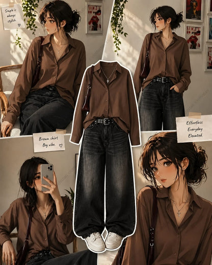 Button-Down Shirt & Black Wide-Leg Vintage Jeans Pack of Two