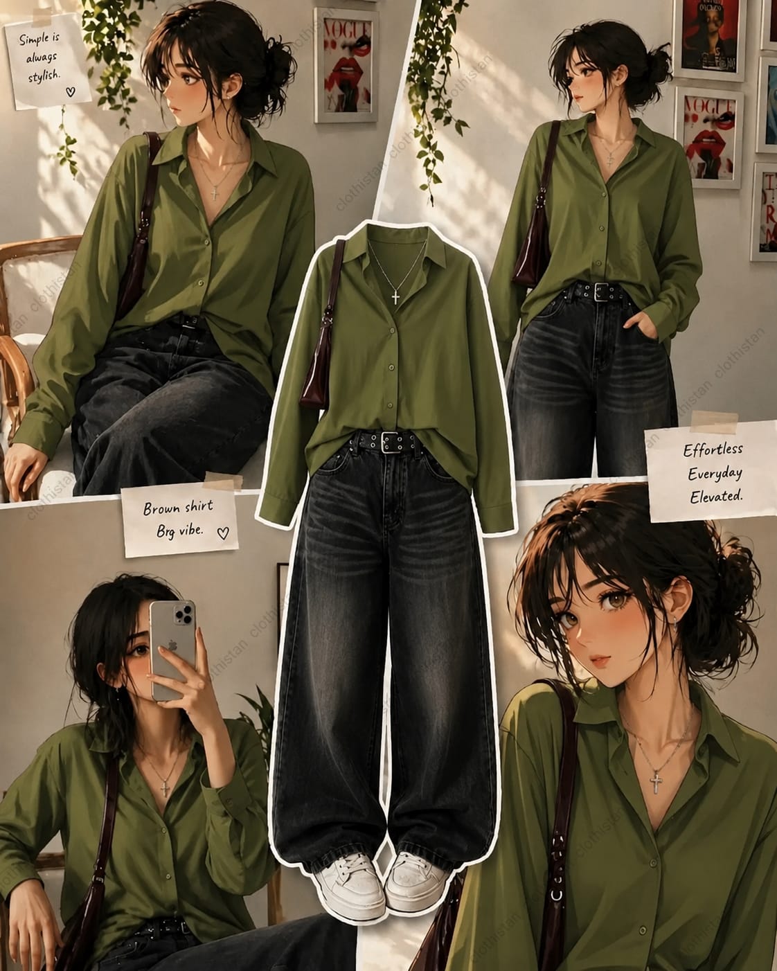 Button-Down Shirt & Black Wide-Leg Vintage Jeans Pack of Two