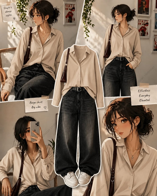Button-Down Shirt & Black Wide-Leg Vintage Jeans Pack of Two