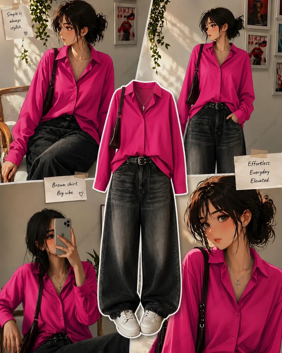 Button-Down Shirt & Black Wide-Leg Vintage Jeans Pack of Two
