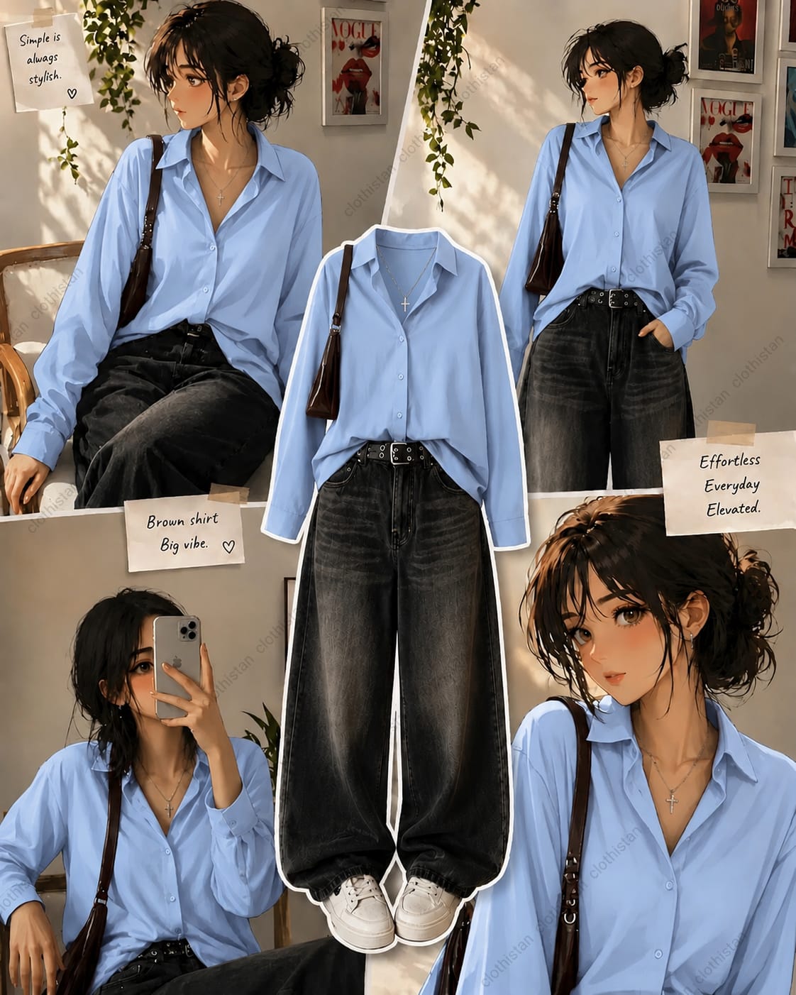 Button-Down Shirt & Black Wide-Leg Vintage Jeans Pack of Two