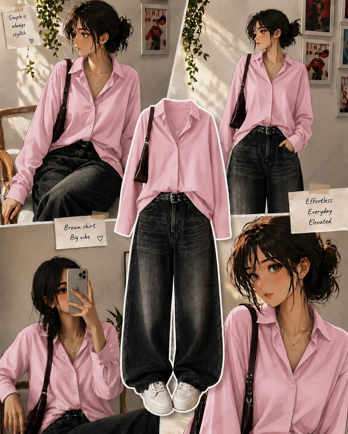 Button-Down Shirt & Black Wide-Leg Vintage Jeans Pack of Two