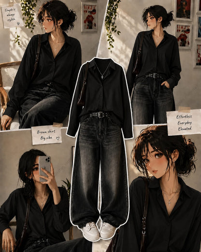 Button-Down Shirt & Black Wide-Leg Vintage Jeans Pack of Two