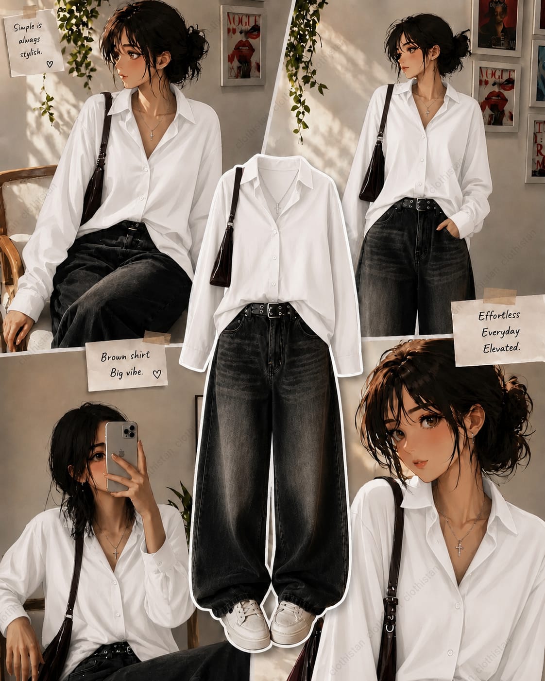 Button-Down Shirt & Black Wide-Leg Vintage Jeans Pack of Two