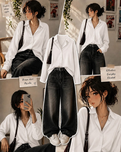 Button-Down Shirt & Black Wide-Leg Vintage Jeans Pack of Two