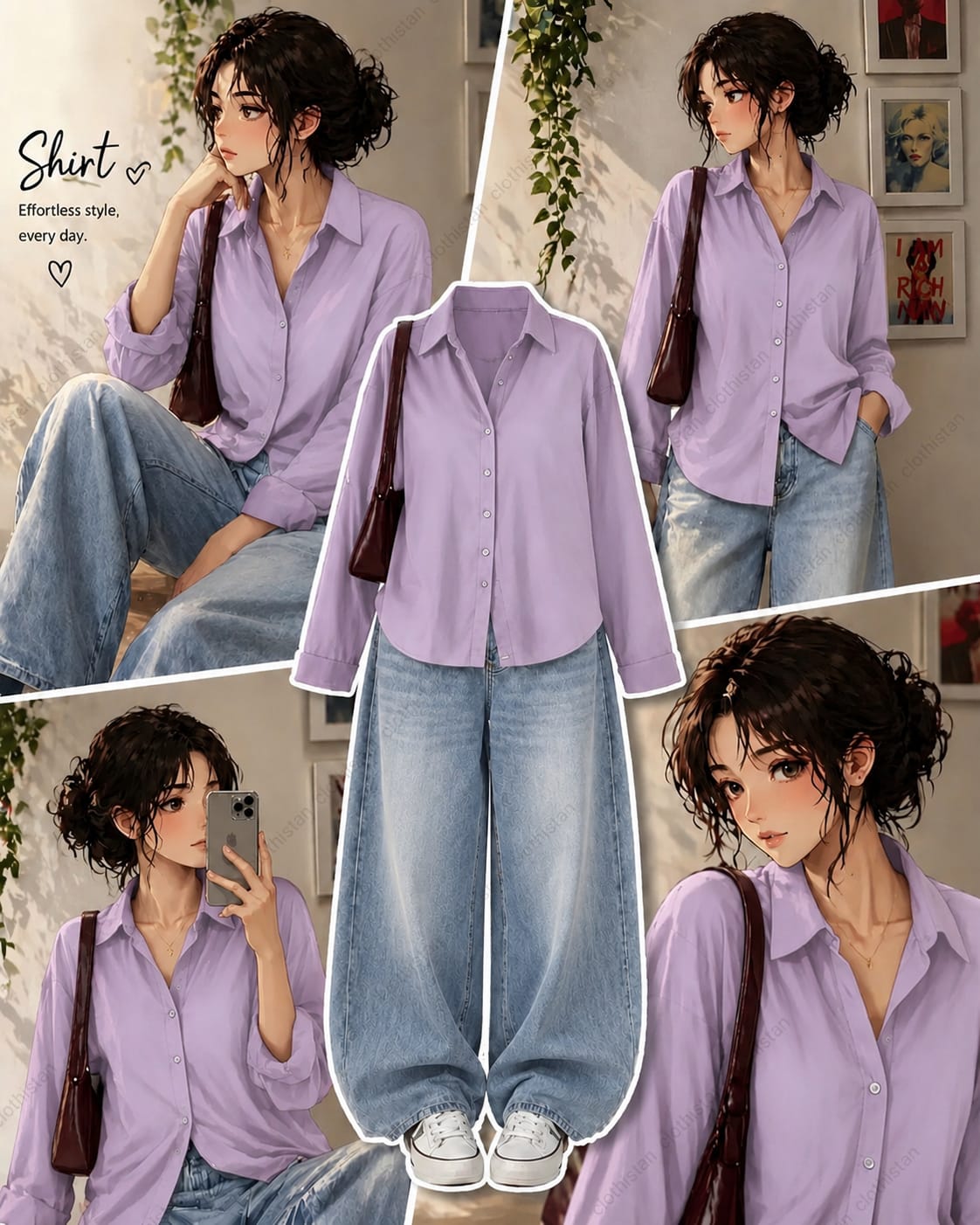 Button-Down Shirt & sky blue Wide-Leg Vintage Jeans Pack of Two
