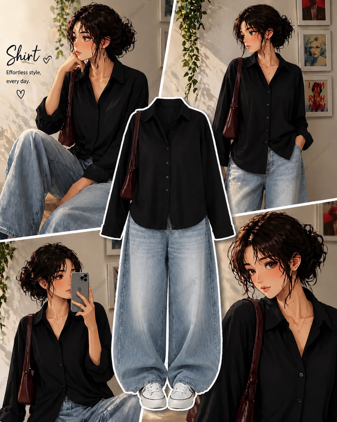 Button-Down Shirt & sky blue Wide-Leg Vintage Jeans Pack of Two