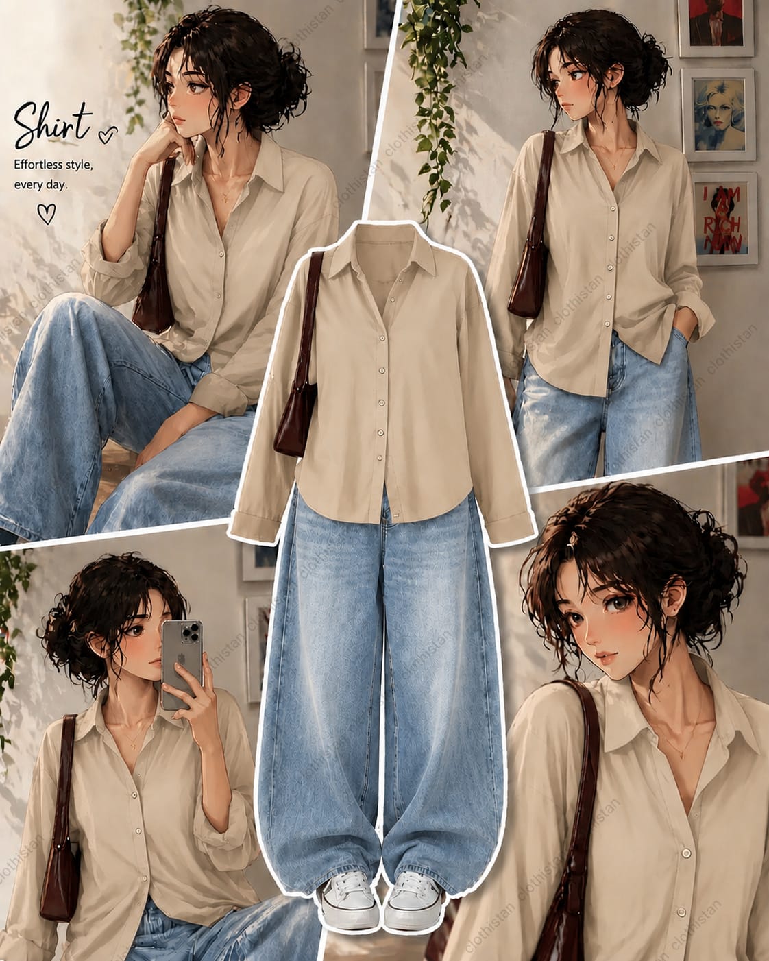 Button-Down Shirt & sky blue Wide-Leg Vintage Jeans Pack of Two