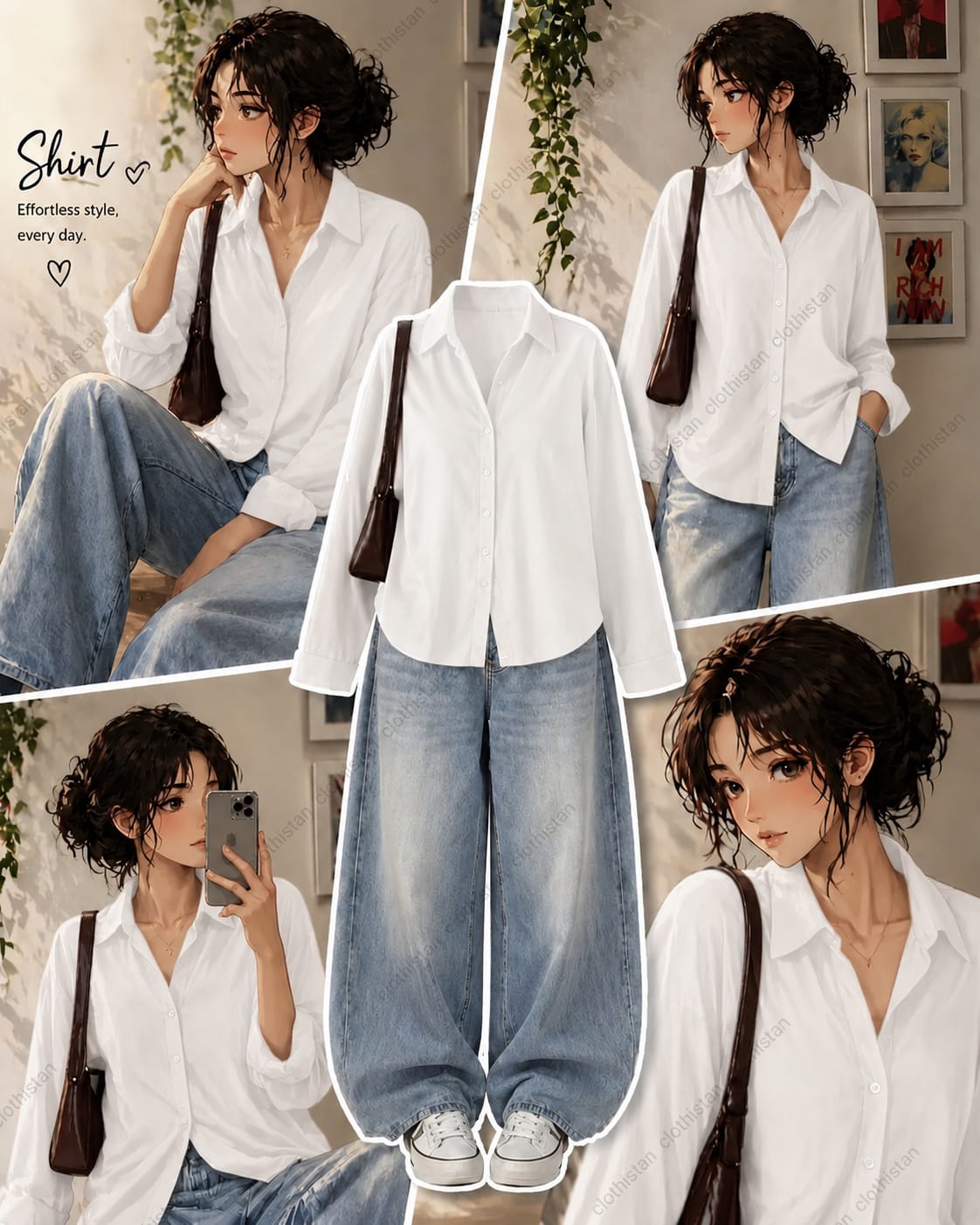 Button-Down Shirt & sky blue Wide-Leg Vintage Jeans Pack of Two