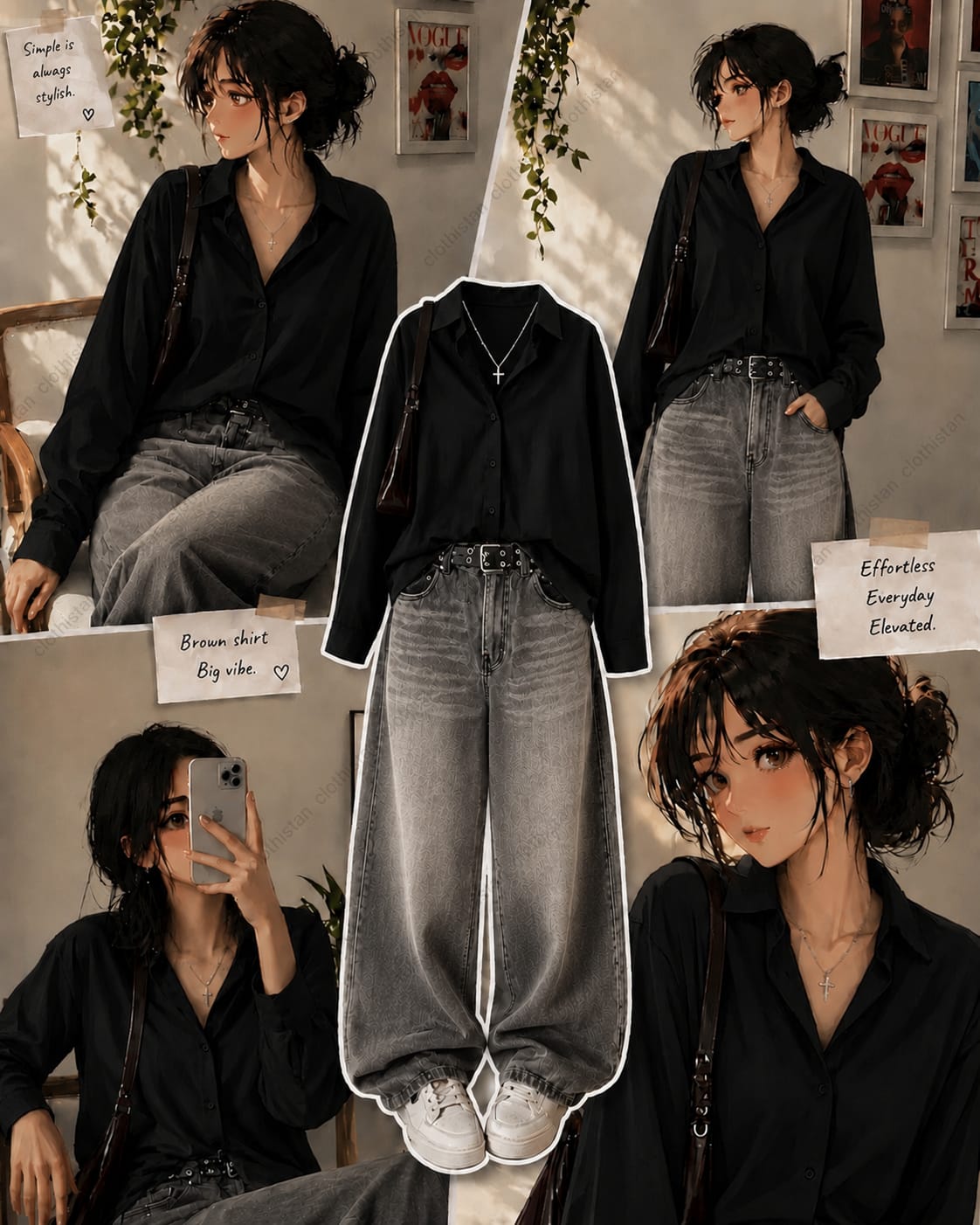 Button-Down Shirt & Grey Wide-Leg Vintage Jeans Pack of Two