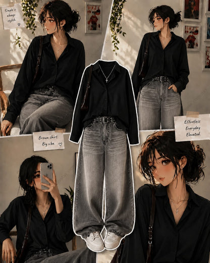 Button-Down Shirt & Grey Wide-Leg Vintage Jeans Pack of Two