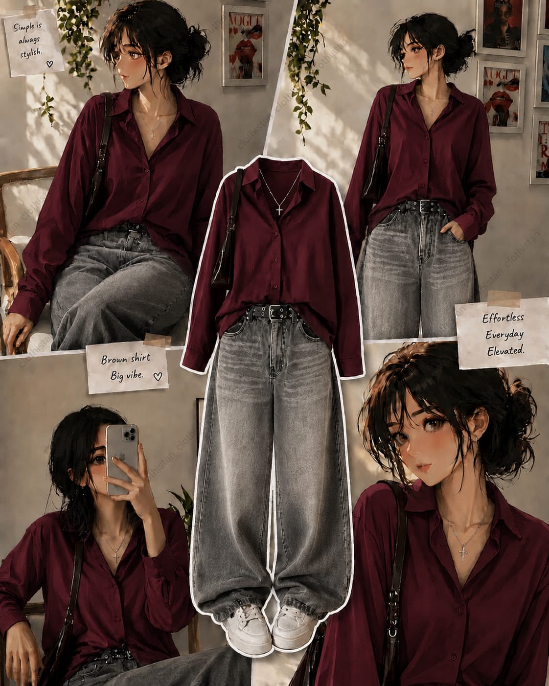 Button-Down Shirt & Grey Wide-Leg Vintage Jeans Pack of Two