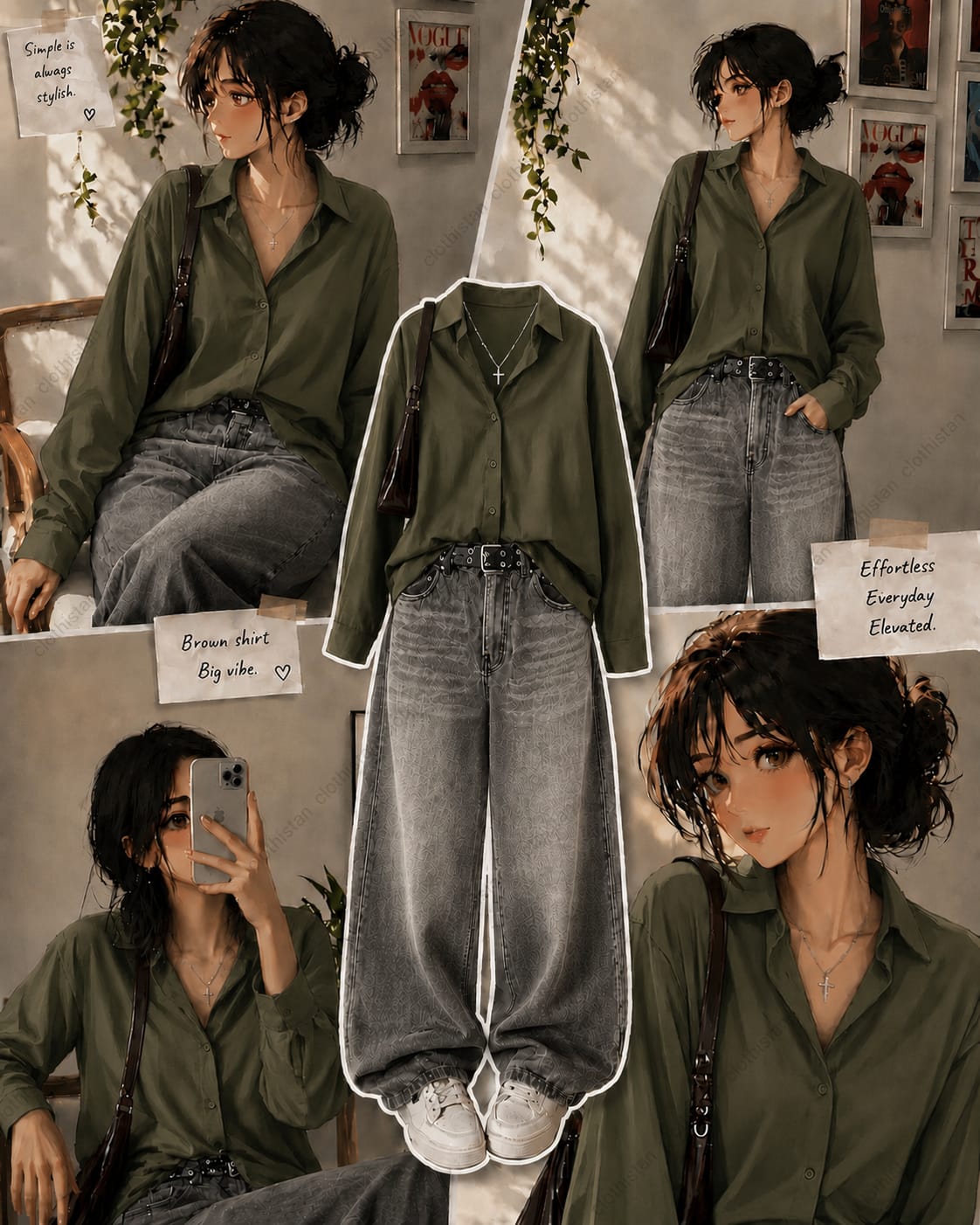 Button-Down Shirt & Grey Wide-Leg Vintage Jeans Pack of Two
