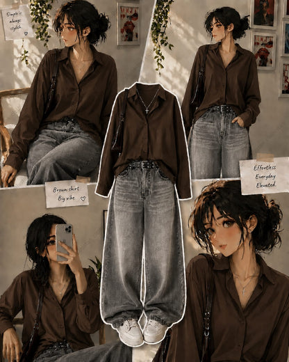 Button-Down Shirt & Grey Wide-Leg Vintage Jeans Pack of Two