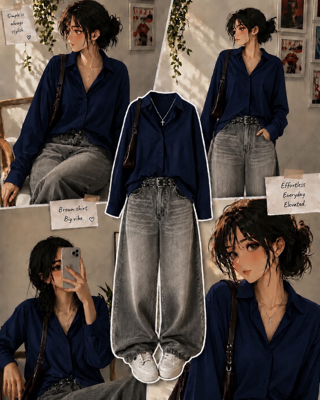 Button-Down Shirt & Grey Wide-Leg Vintage Jeans Pack of Two