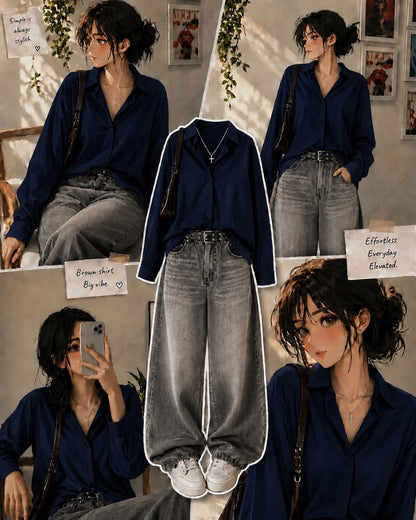 Button-Down Shirt & Grey Wide-Leg Vintage Jeans Pack of Two
