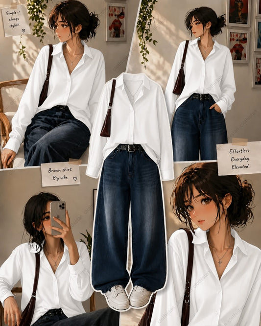 Button-Down Shirt & Dark Mid Blue Wide-Leg Vintage Jeans Pack of Two