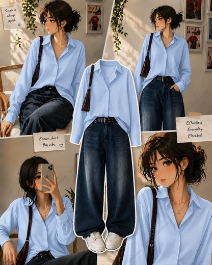 Button-Down Shirt & Dark Mid Blue Wide-Leg Vintage Jeans Pack of Two