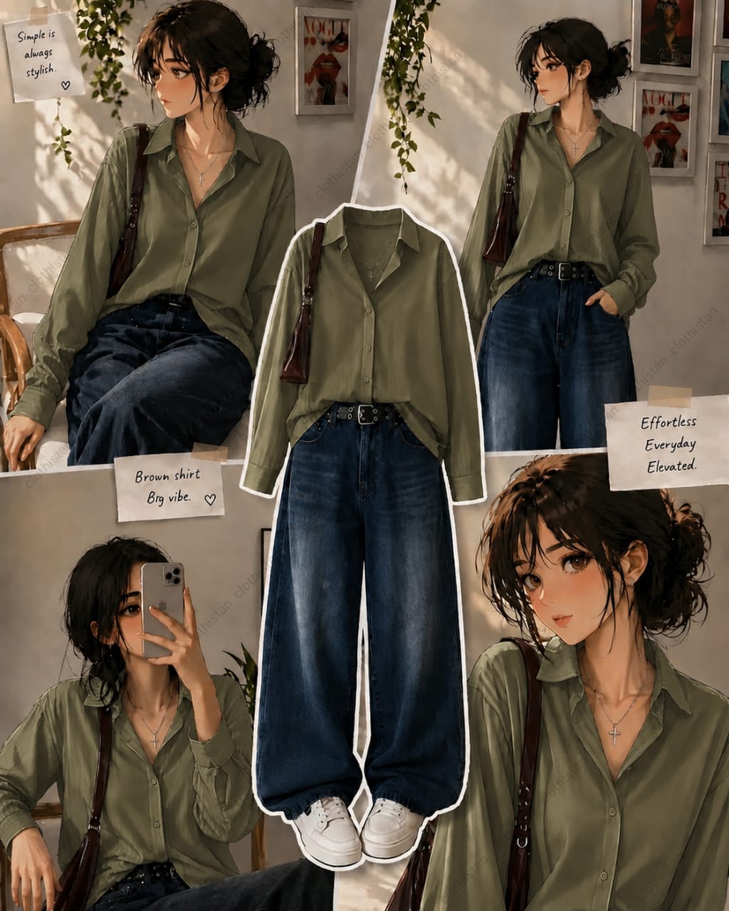 Button-Down Shirt & Dark Mid Blue Wide-Leg Vintage Jeans Pack of Two