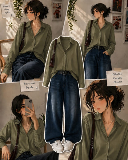 Button-Down Shirt & Dark Mid Blue Wide-Leg Vintage Jeans Pack of Two