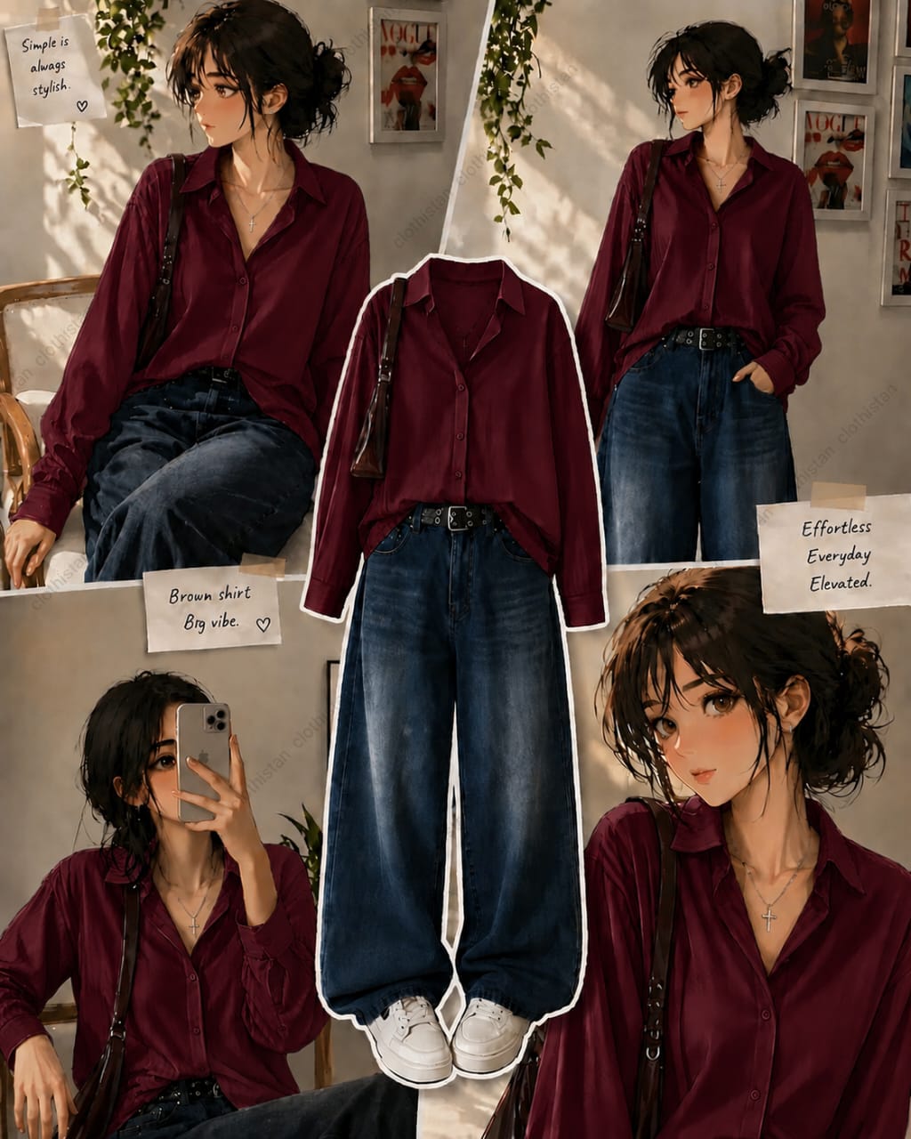 Button-Down Shirt & Dark Mid Blue Wide-Leg Vintage Jeans Pack of Two
